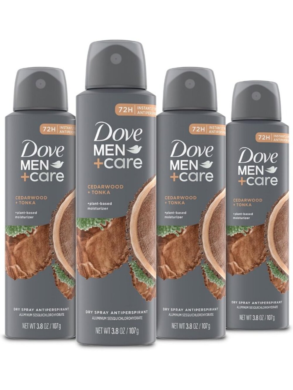 Men's Dry Spray Antiperspirant, Cedarwood & Tonka, 72H Protection, 4-Pack